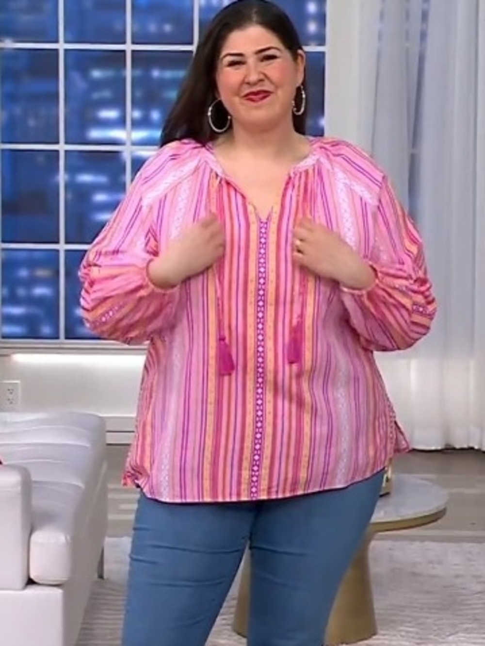 Belle by Kim Gravel Pink Striped Peasant Tunic with Tassel Tie